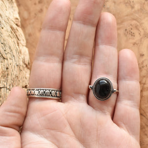 Black Onyx Delica Ring - Dainty Silversmith Ring - Black Onyx Stacking Ring