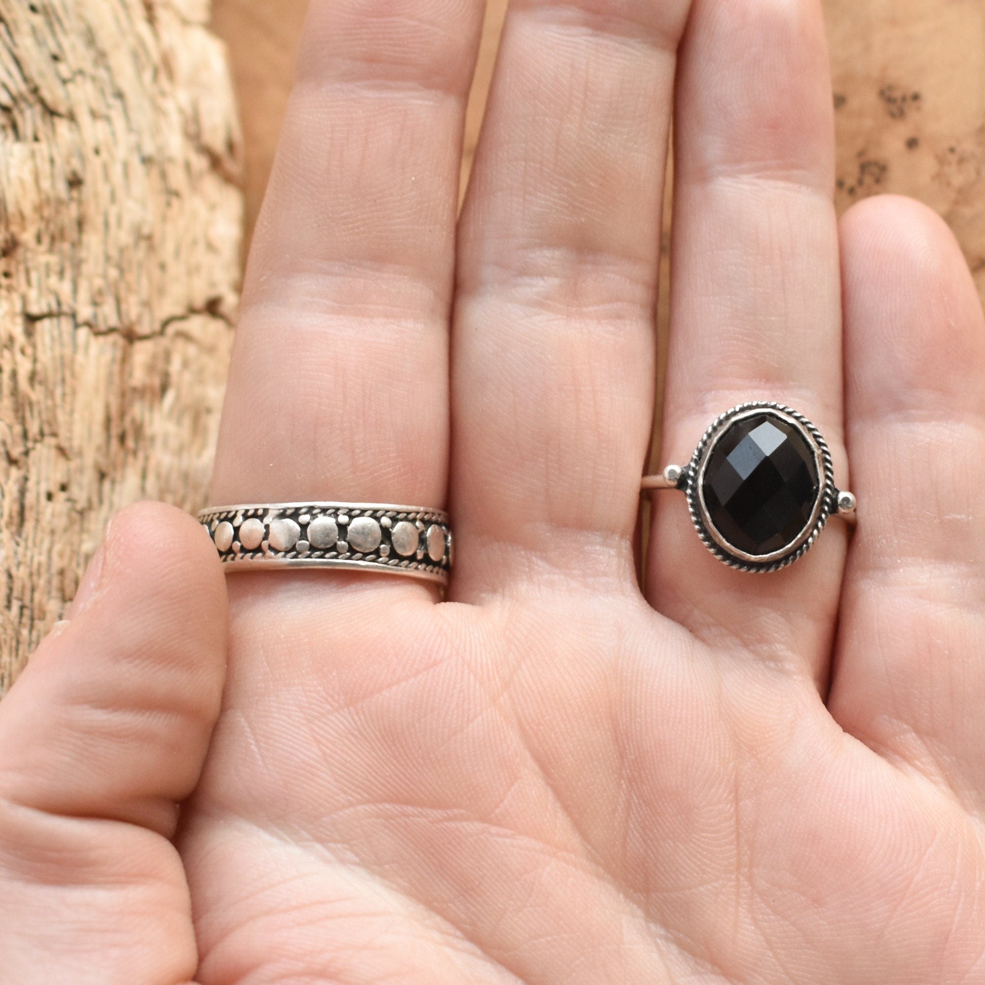 Rose Cut Black Onyx Ring - Dainty Silversmith Ring - Faceted Black Onyx Stacking Ring