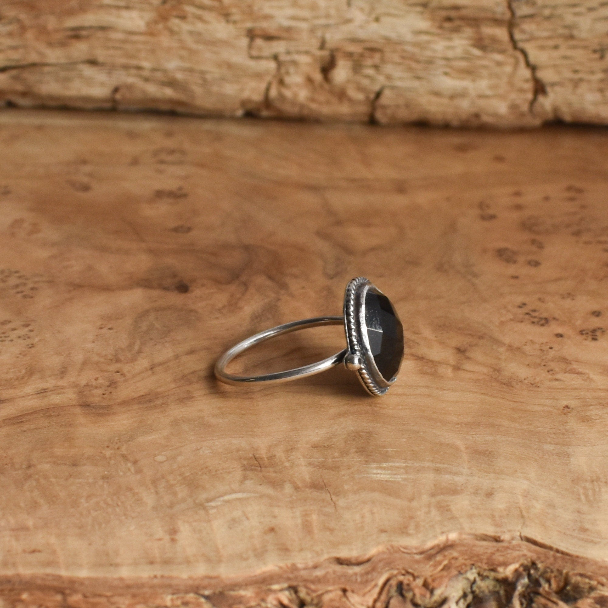 Rose Cut Black Onyx Ring - Dainty Silversmith Ring - Faceted Black Onyx Stacking Ring