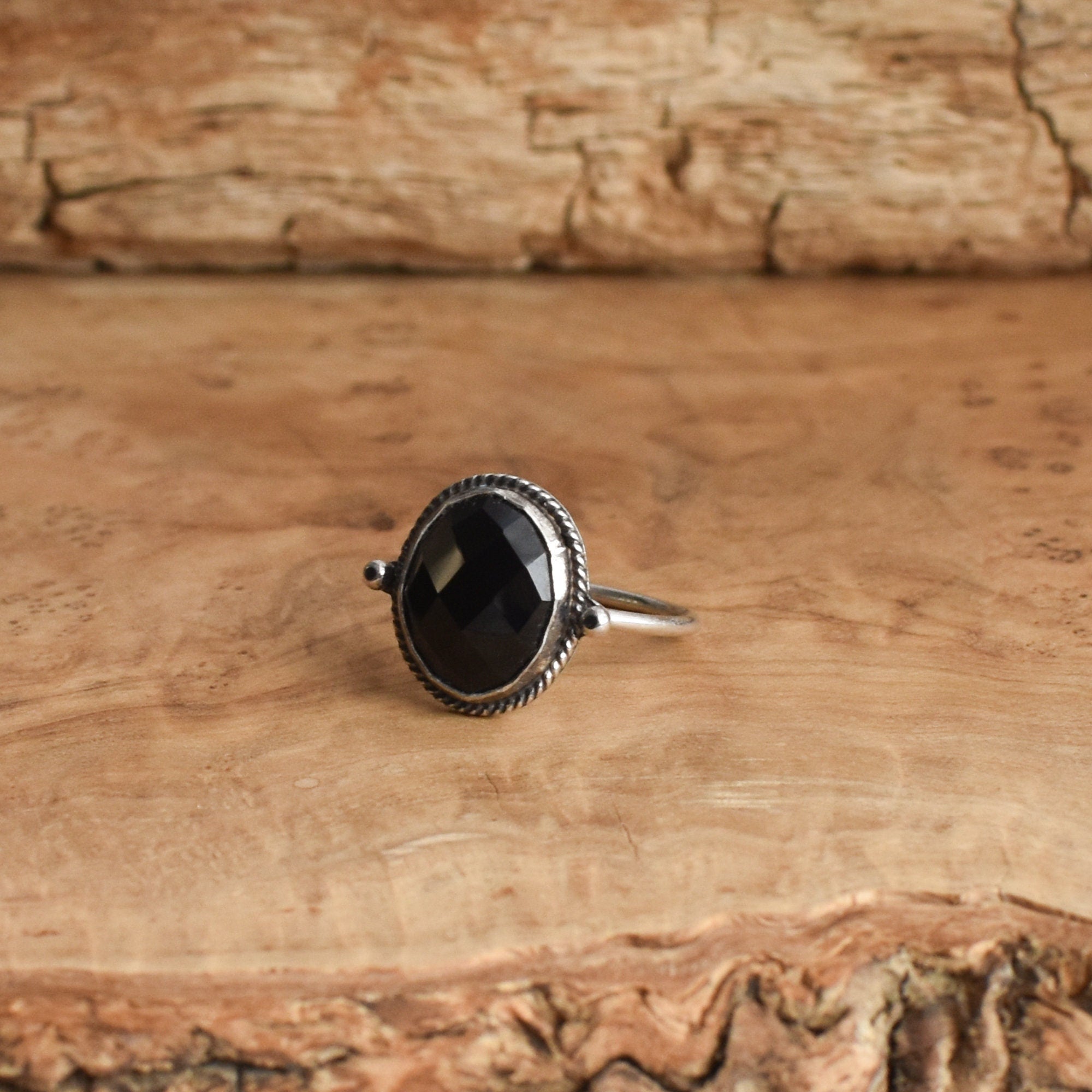 Rose Cut Black Onyx Ring - Dainty Silversmith Ring - Faceted Black Onyx Stacking Ring