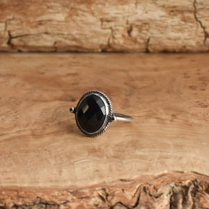 Rose Cut Black Onyx Ring - Dainty Silversmith Ring - Faceted Black Onyx Stacking Ring