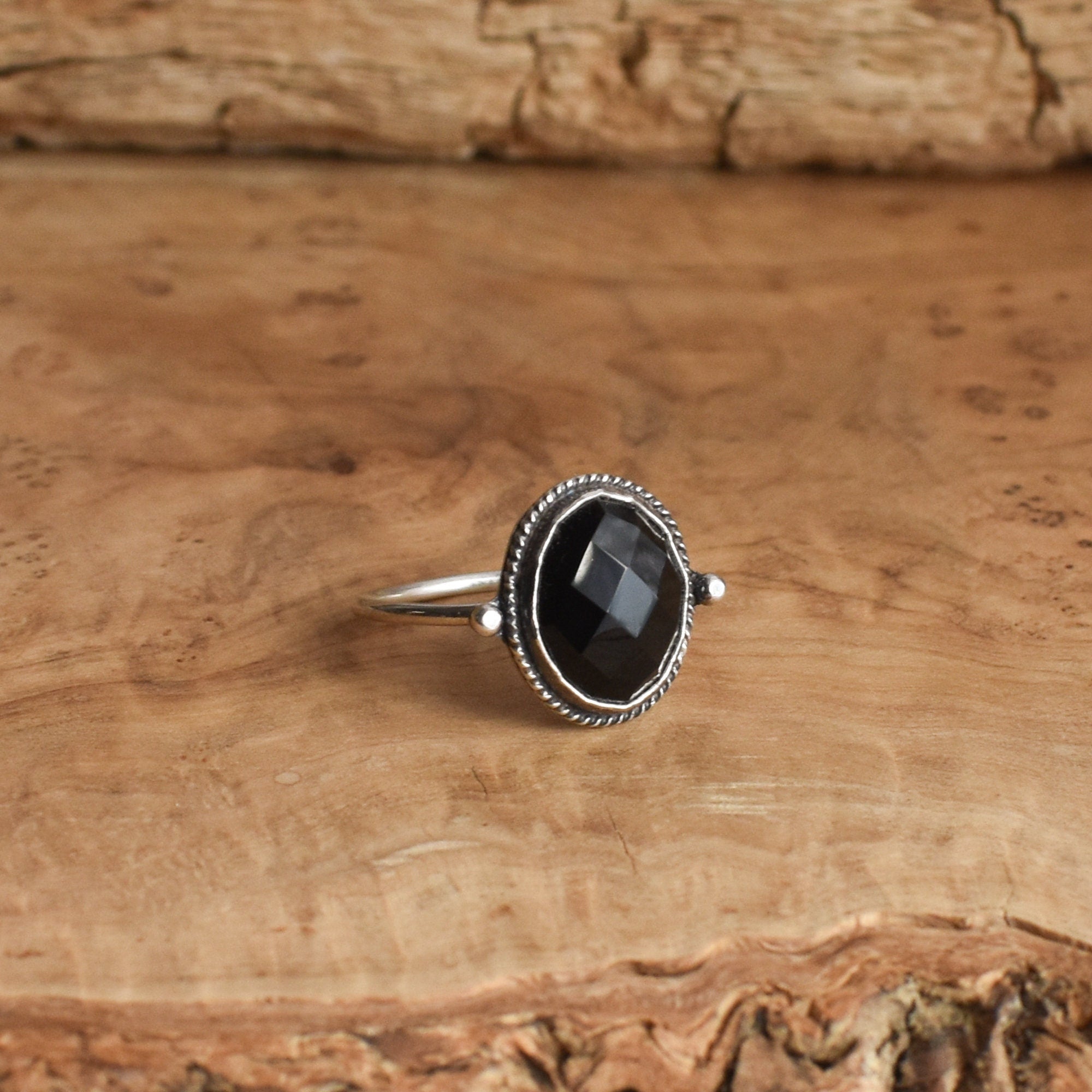 Rose Cut Black Onyx Ring - Dainty Silversmith Ring - Faceted Black Onyx Stacking Ring