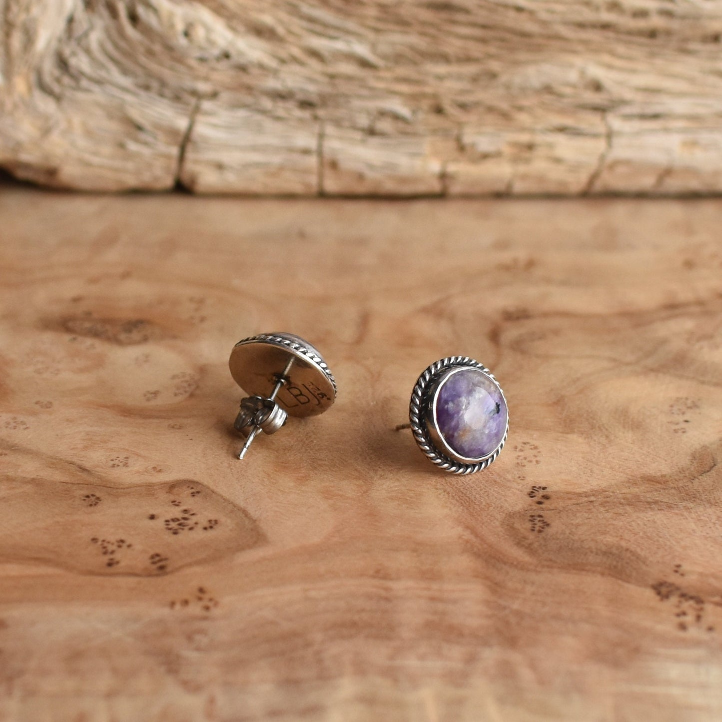 Purple Charoite Sterling Silver Studs – Traditional Silversmith Earrings