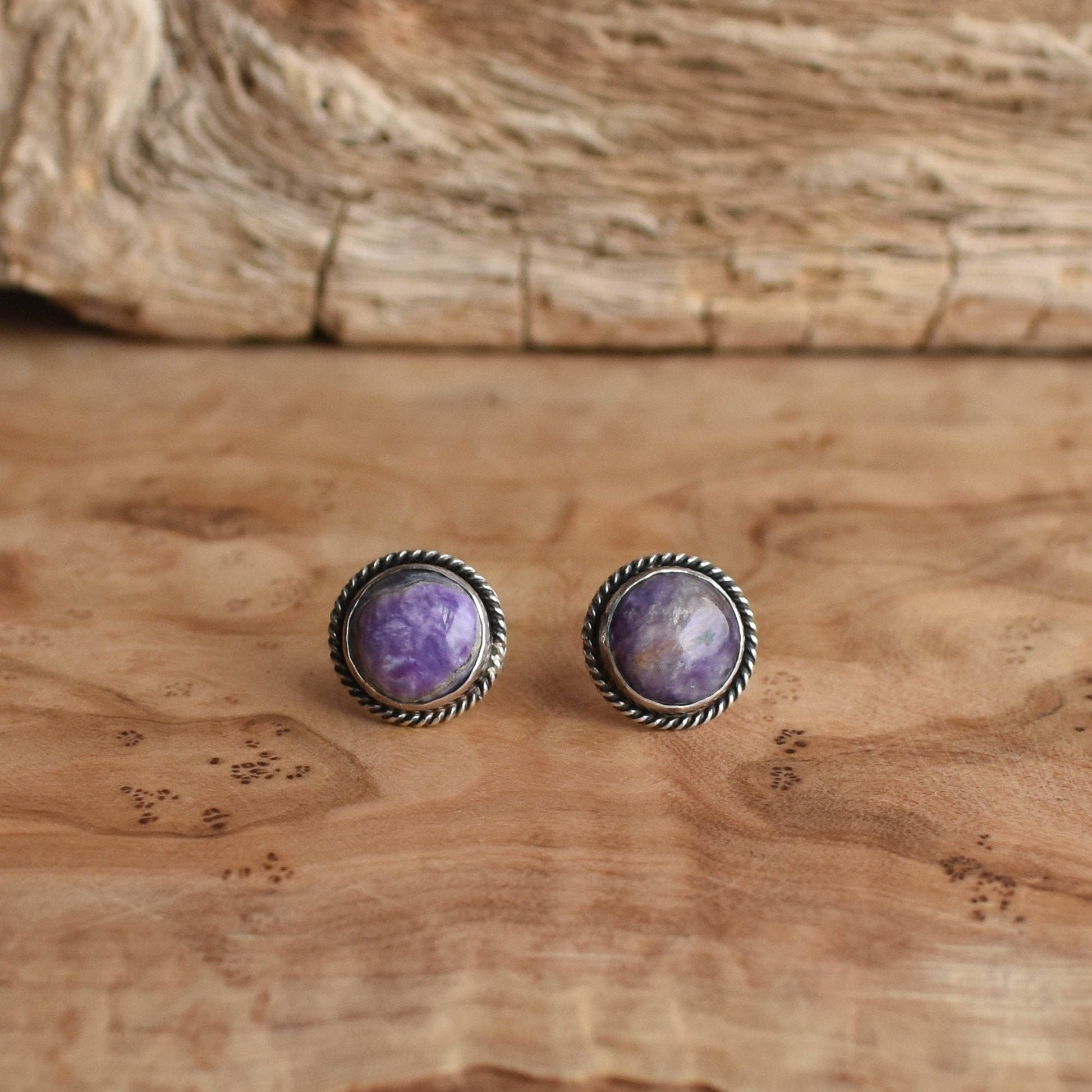 Purple Charoite Sterling Silver Studs – Traditional Silversmith Earrings