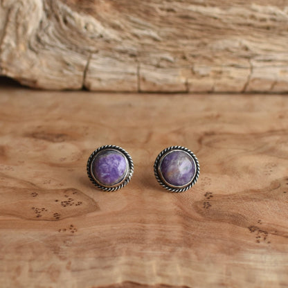 Purple Charoite Sterling Silver Studs – Traditional Silversmith Earrings