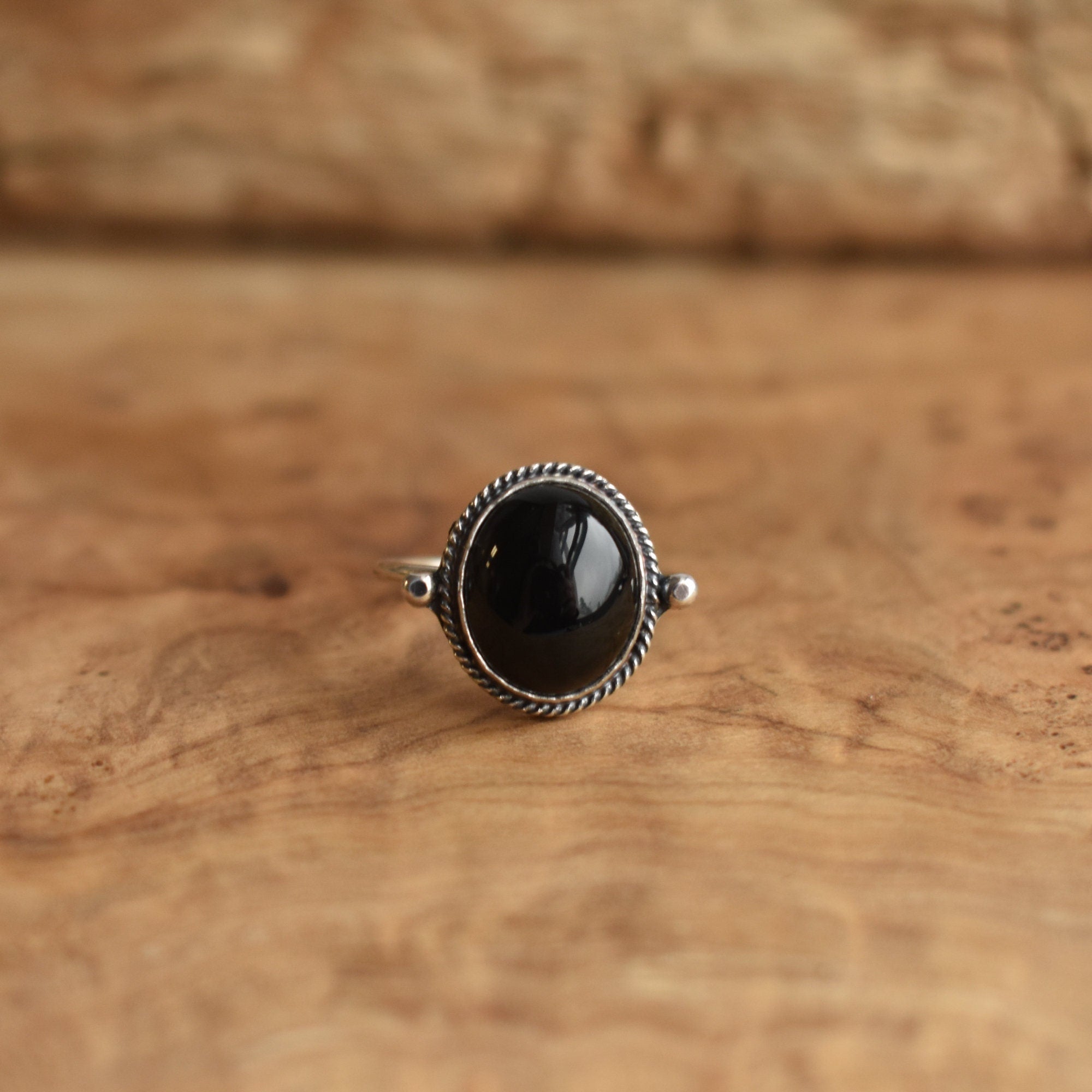 Black Onyx Delica Ring - Dainty Silversmith Ring - Black Onyx Stacking Ring