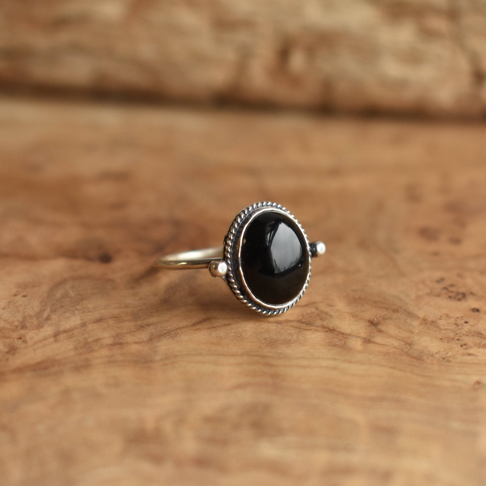 Black Onyx Delica Ring - Dainty Silversmith Ring - Black Onyx Stacking Ring