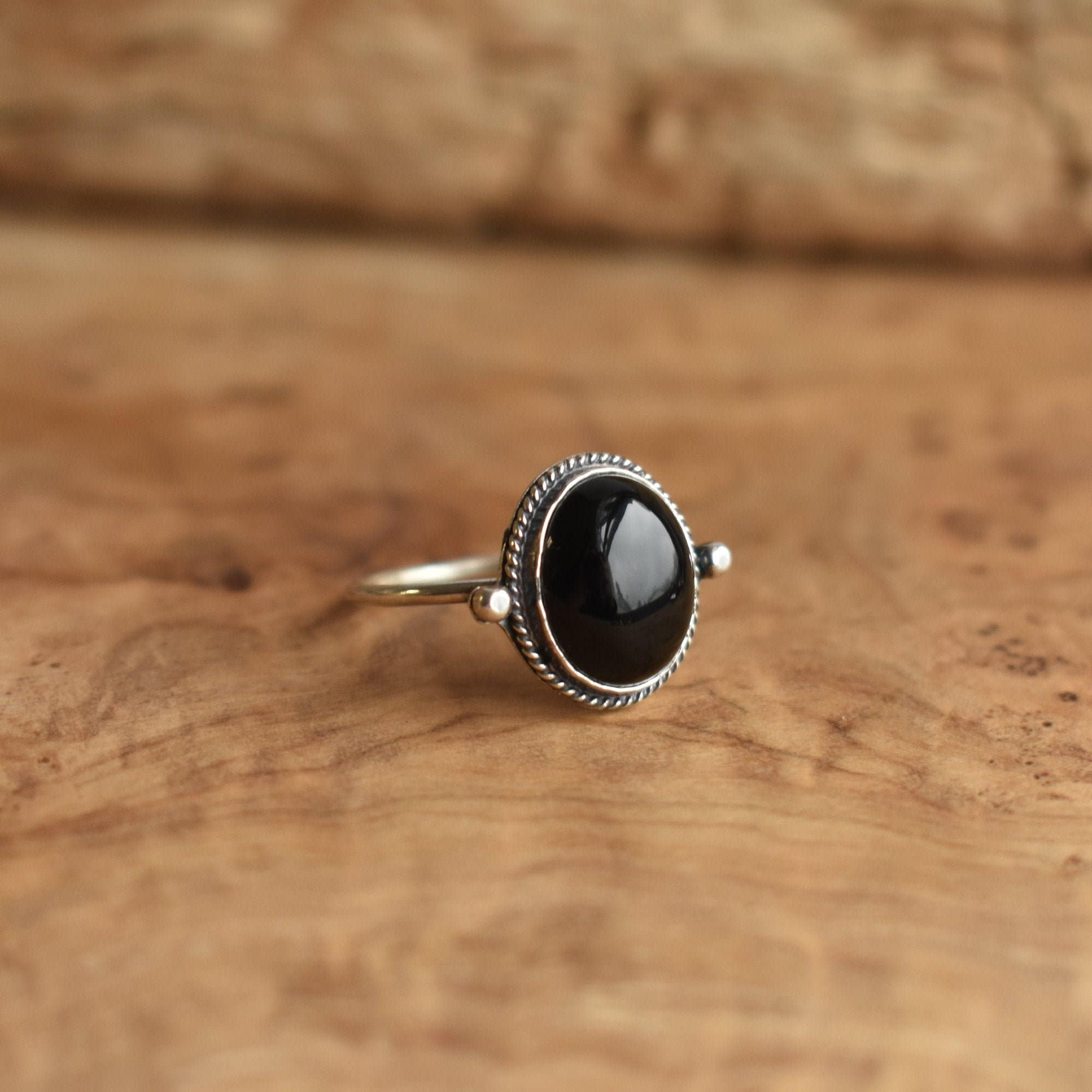 Black Onyx Delica Ring - Dainty Silversmith Ring - Black Onyx Stacking Ring