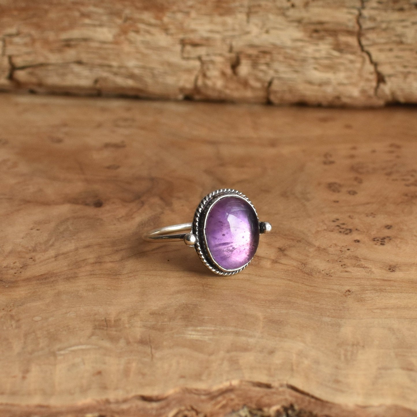 Dainty Amethyst Ring – Sterling Silver, Oval Cabochon