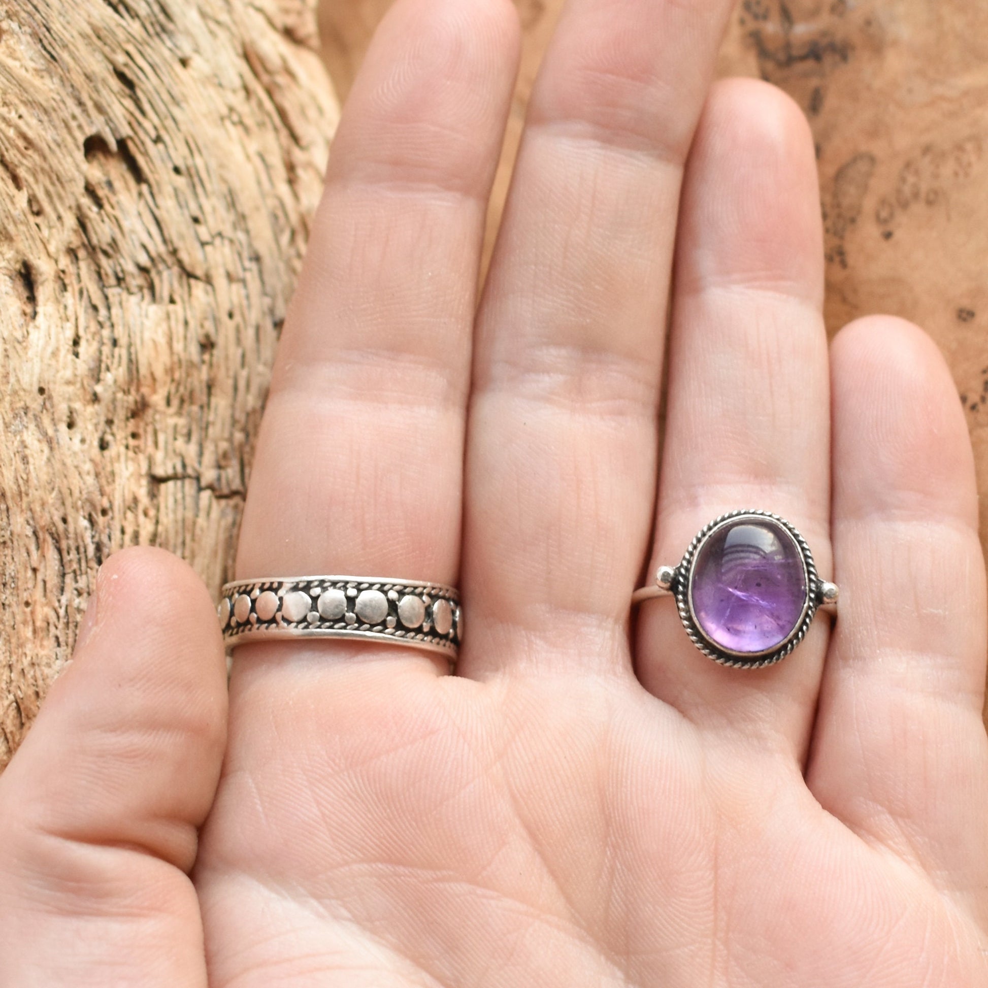 Dainty Amethyst Ring – Sterling Silver, Oval Cabochon