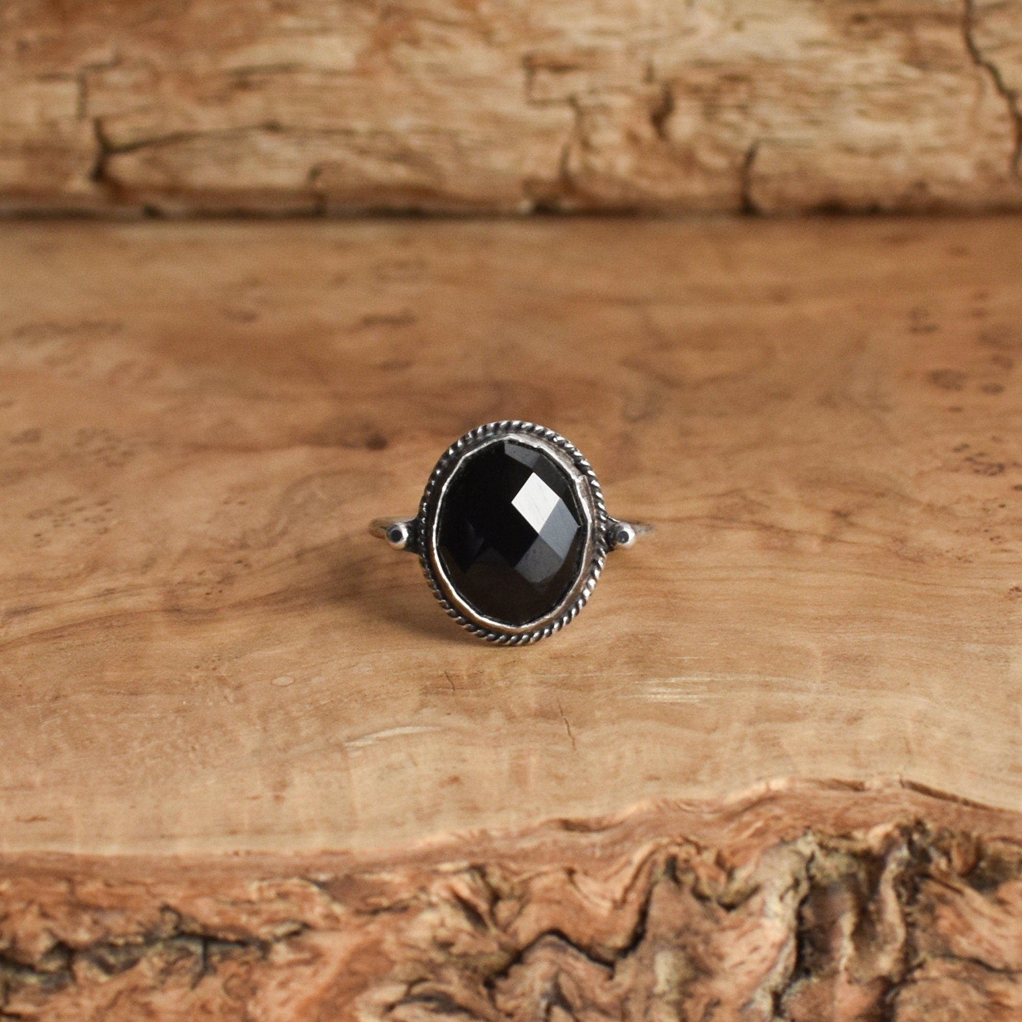 Rose Cut Black Onyx Ring - Dainty Silversmith Ring - Faceted Black Onyx Stacking Ring