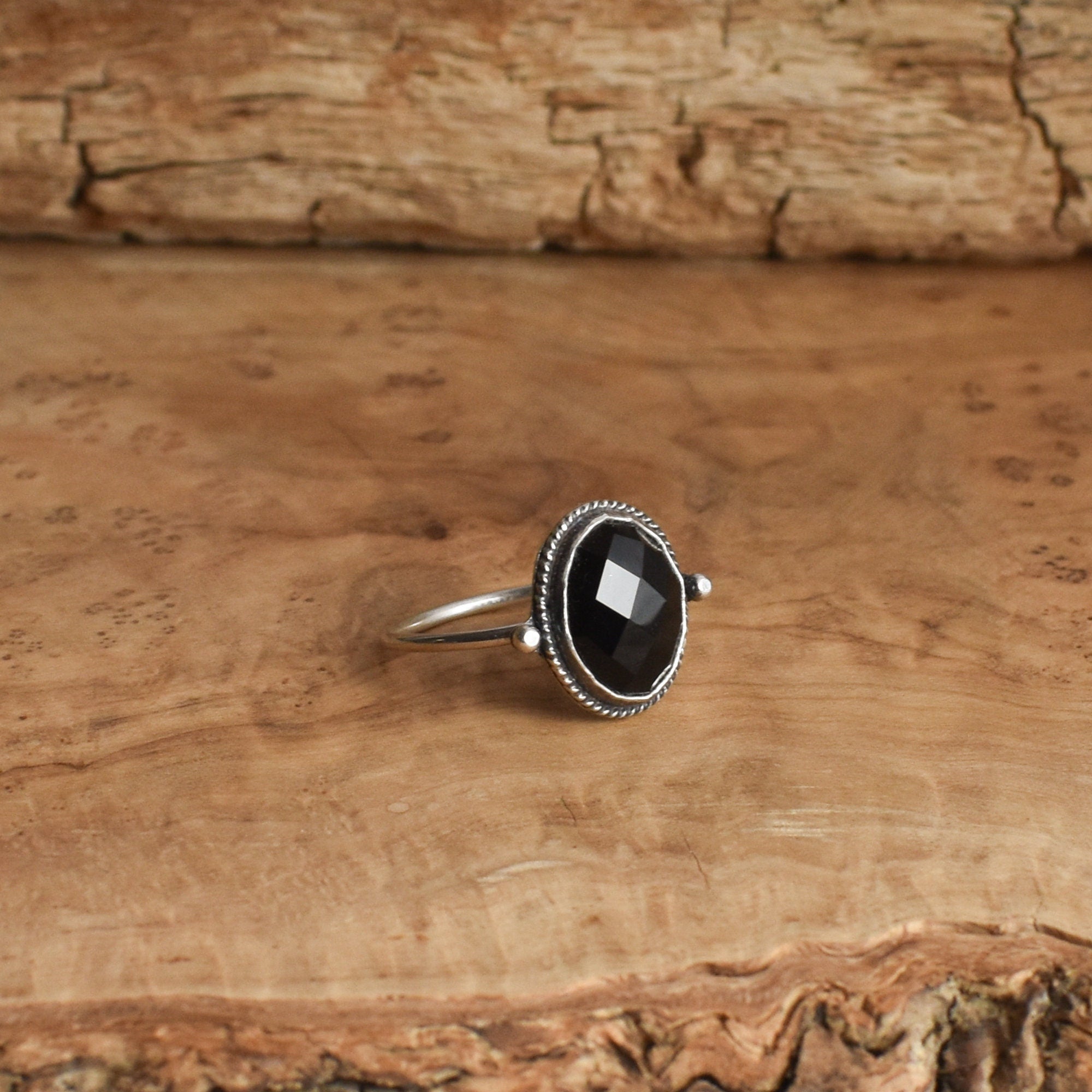 Rose Cut Black Onyx Ring - Dainty Silversmith Ring - Faceted Black Onyx Stacking Ring