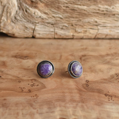 Purple Charoite Sterling Silver Studs – Traditional Silversmith Earrings