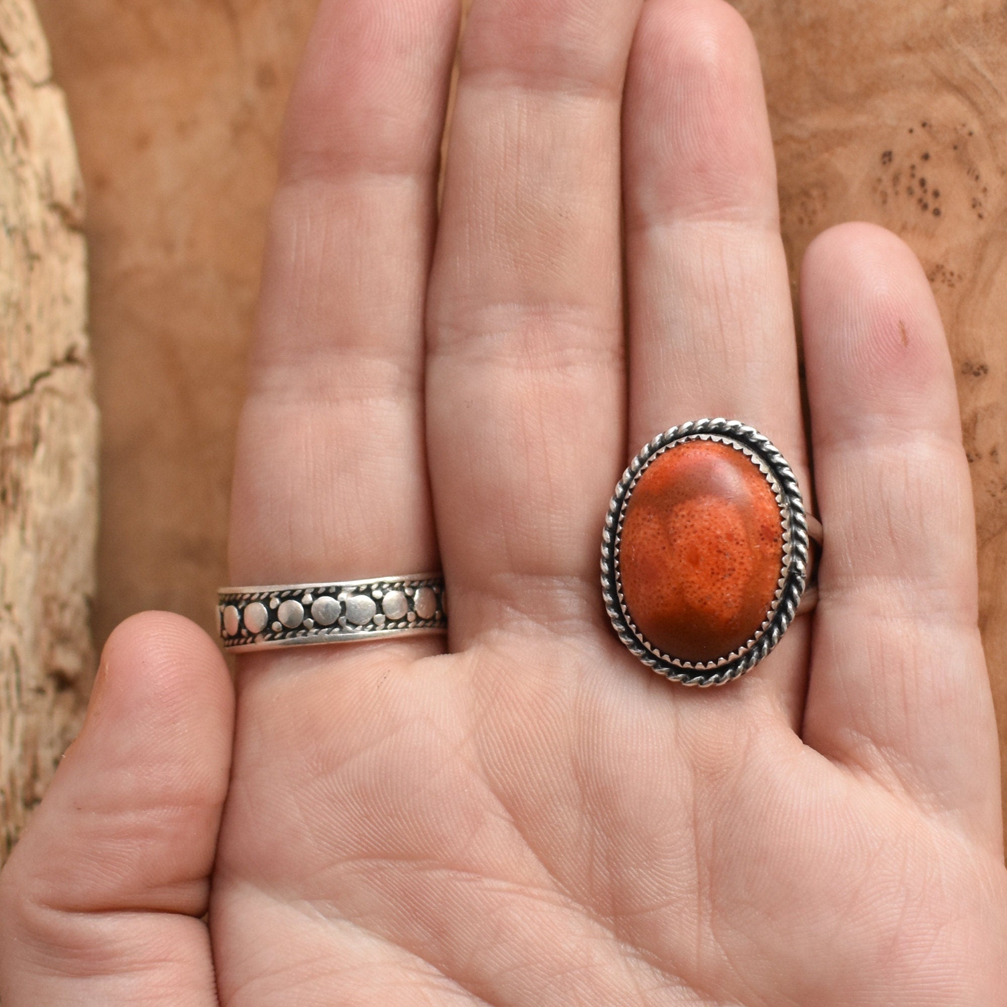 Red Sponge Coral Boho Ring - Silversmith Ring - Boho Red Coral Ring