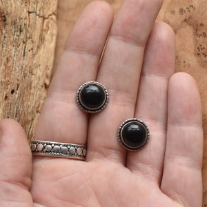 Black Onyx Studs - Large Hammered Posts - .925 Sterling Silver - Big Post Earrings