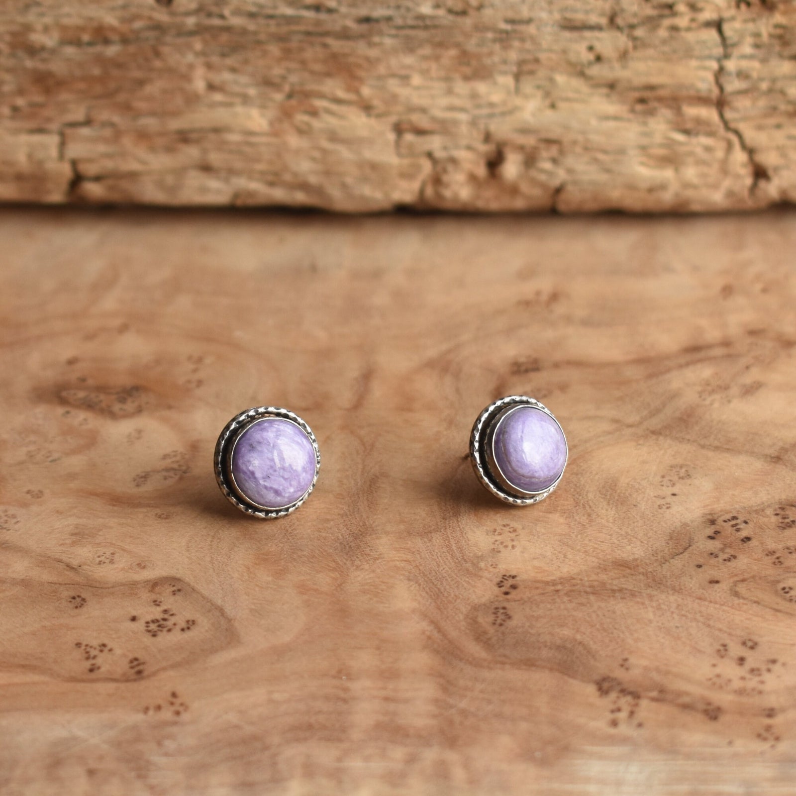 Purple Charoite Posts - Sterling Silver - Large Hammered Post Earrings