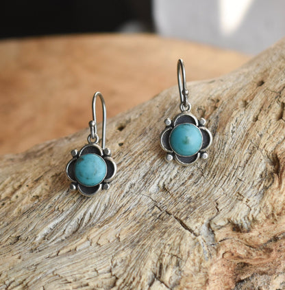 Floral Turquoise Drop Earrings - .925 Sterling Silver - Turquoise Flower Earrings
