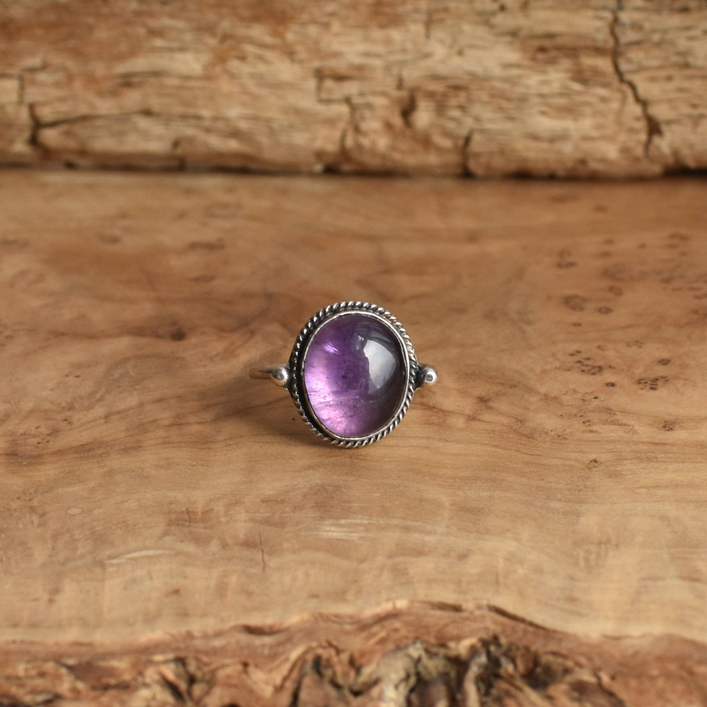 Dainty Amethyst Ring – Sterling Silver, Oval Cabochon