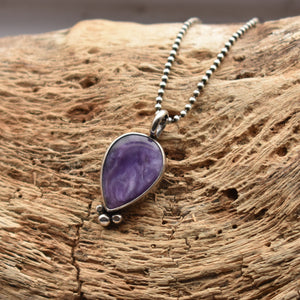 READY TO SHIP - Charoite Pendant - Charoite Necklace - Upside down Teardrop - Silversmith