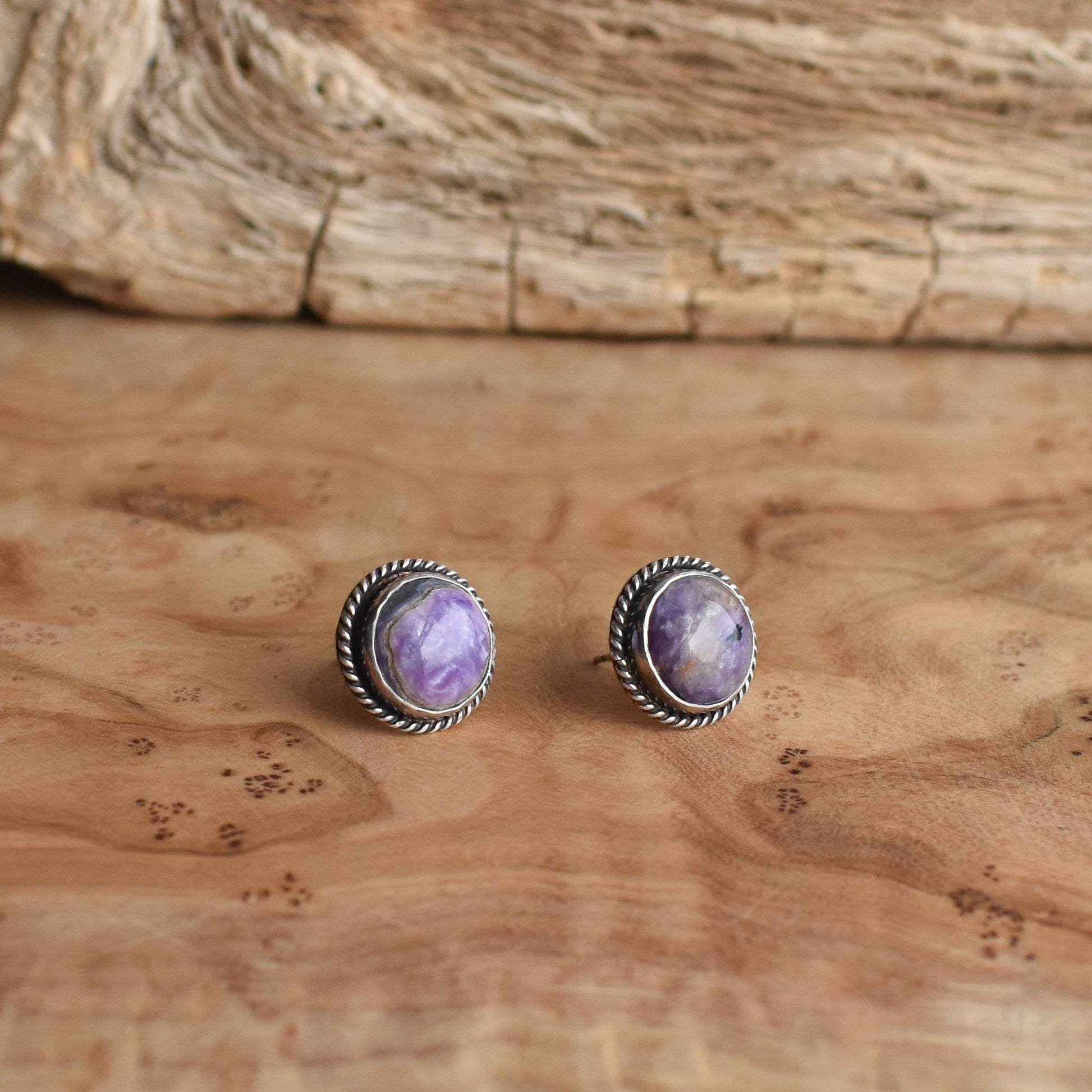 Purple Charoite Sterling Silver Studs – Traditional Silversmith Earrings