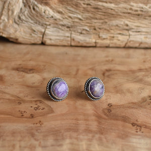 Purple Charoite Sterling Silver Studs – Traditional Silversmith Earrings