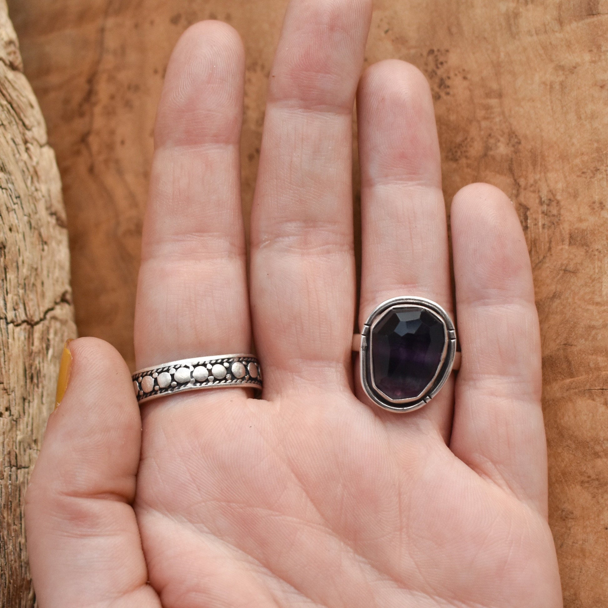 Rainbow Fluorite Boho Ring - .925 Sterling Silver - Chunky Multi-color Fluorite