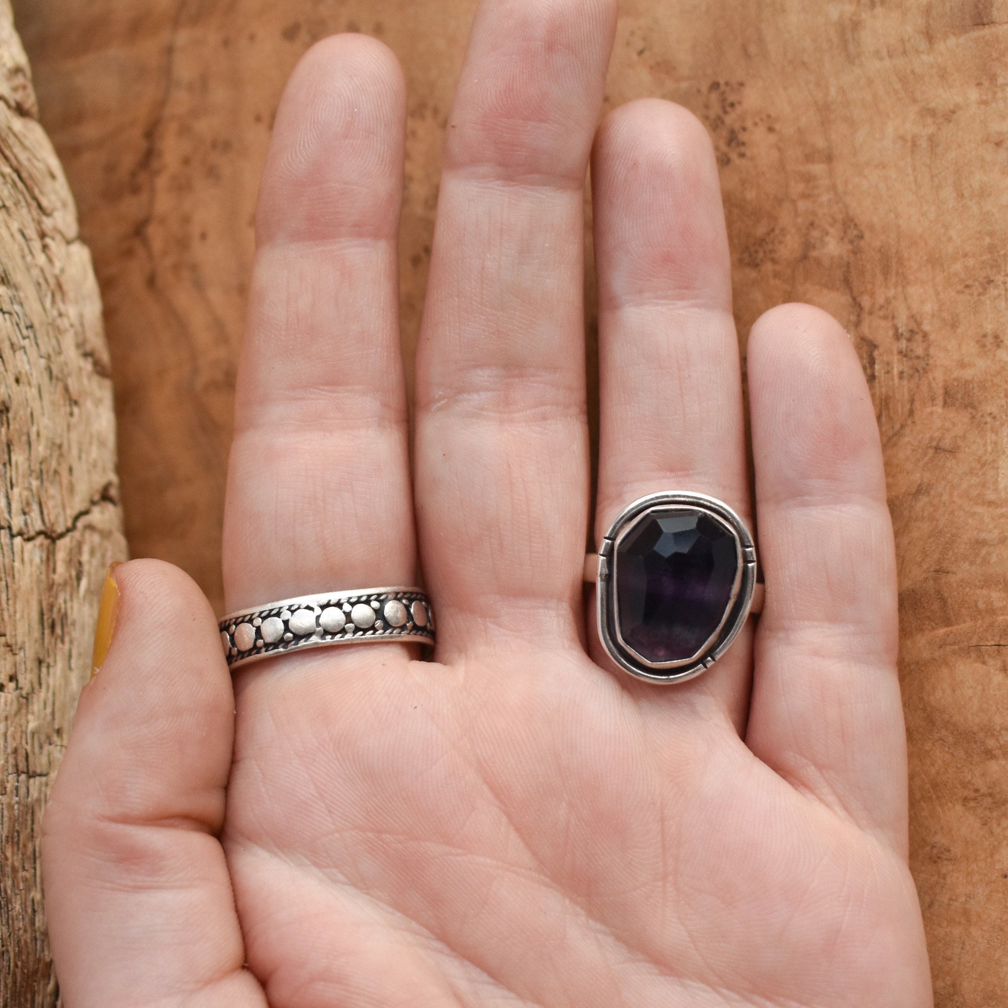 Rainbow Fluorite Boho Ring - .925 Sterling Silver - Chunky Multi-color Fluorite