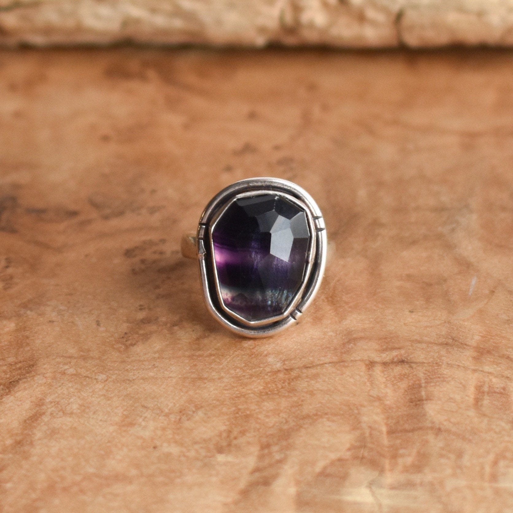 Rainbow Fluorite Boho Ring - .925 Sterling Silver - Chunky Multi-color Fluorite