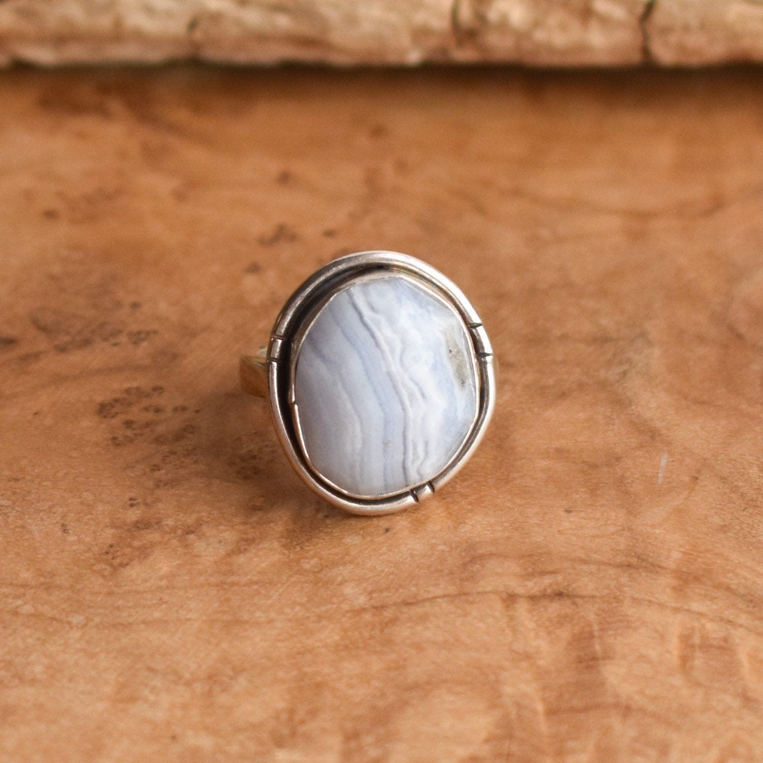 Blue Lace Agate Ring - Chunky Boho Ring - Sterling Silver - .Choose Your Stobe