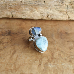 Larimar and Labradorite Ring - Sterling Silver Two Stone Statement Ring - Size 7