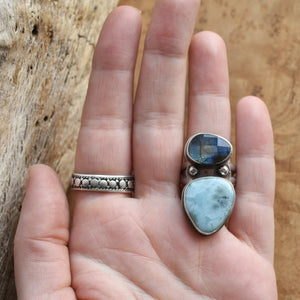 Larimar and Labradorite Ring - .925 Sterling Silver - Two Stone Ring - Big Statement Ring