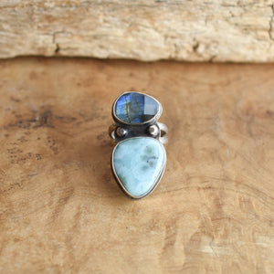 Larimar and Labradorite Ring - .925 Sterling Silver - Two Stone Ring - Big Statement Ring