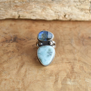 Custom Larimar and Labradorite Ring - Sterling Silver Two Stone Statement Ring
