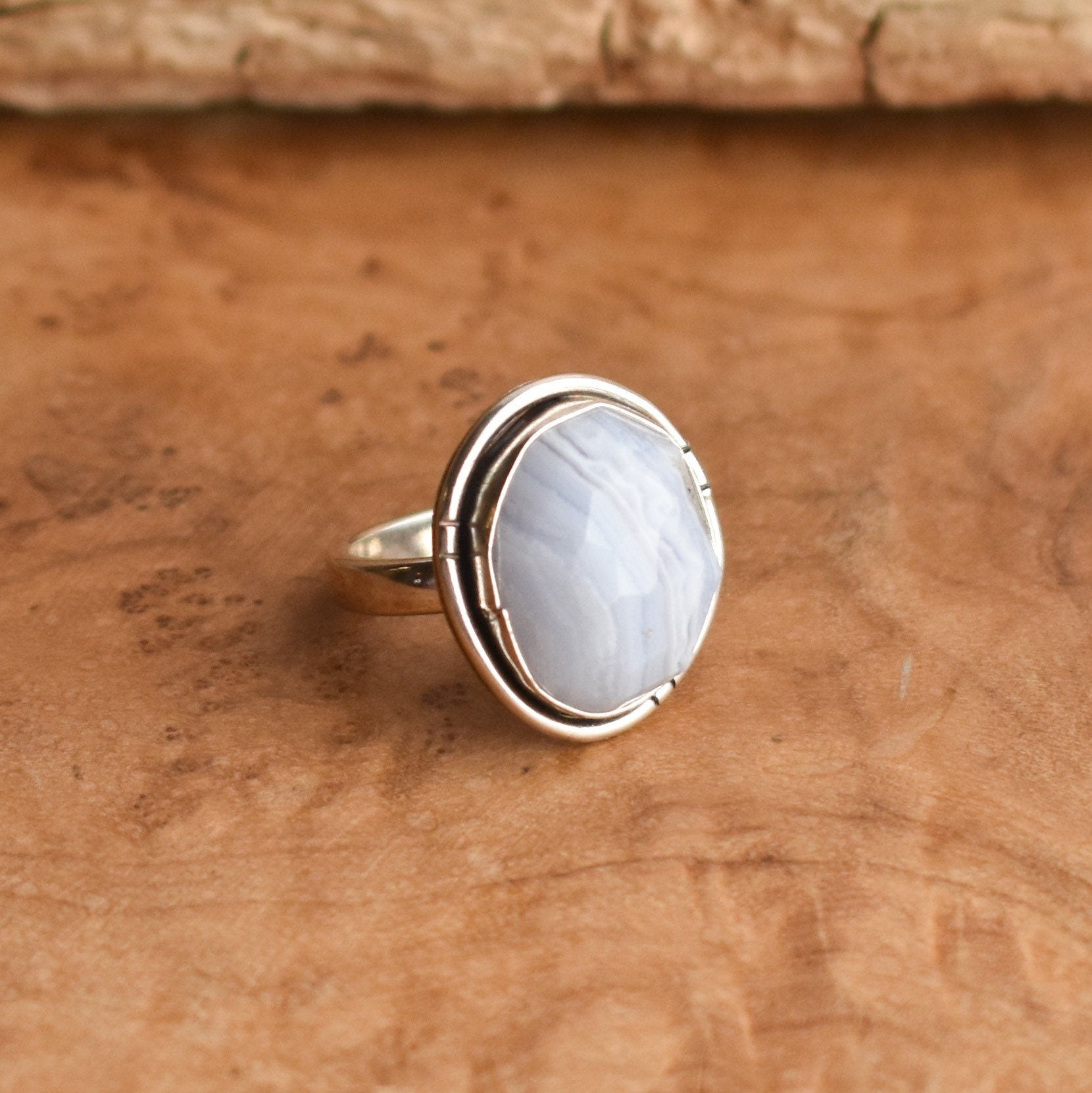Blue Lace Agate Ring - Chunky Boho Ring - Sterling Silver - .Choose Your Stobe
