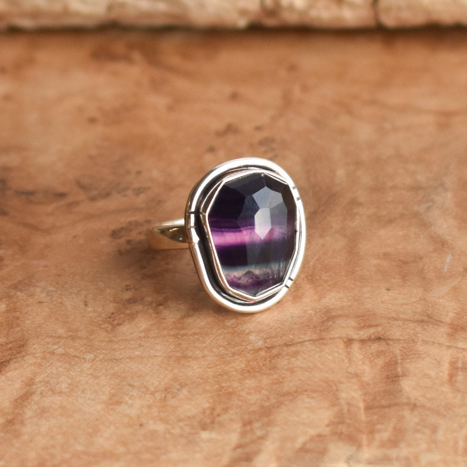 Rainbow Fluorite Boho Ring - .925 Sterling Silver - Chunky Multi-color Fluorite
