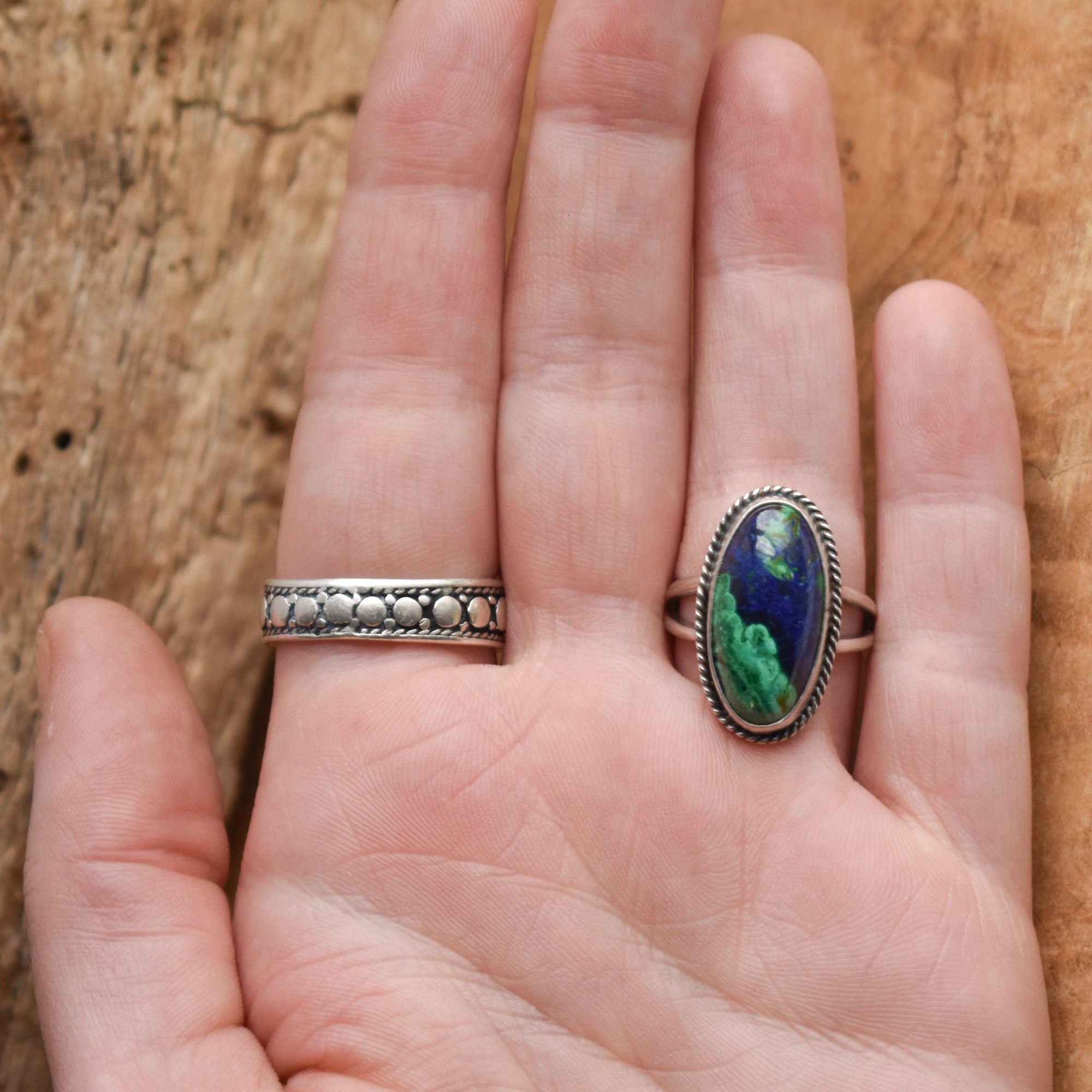 Boho Ring - Azurite Malachite - .925 Sterling Silver - Malachite Ring - Silversmith