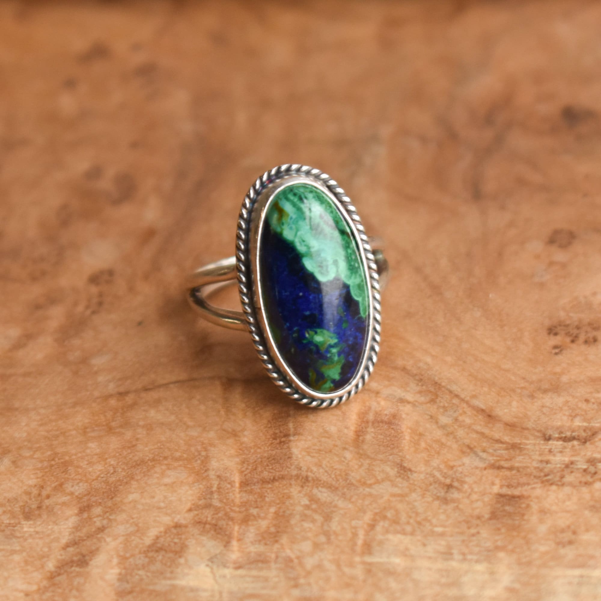Boho Ring - Azurite Malachite - .925 Sterling Silver - Malachite Ring - Silversmith