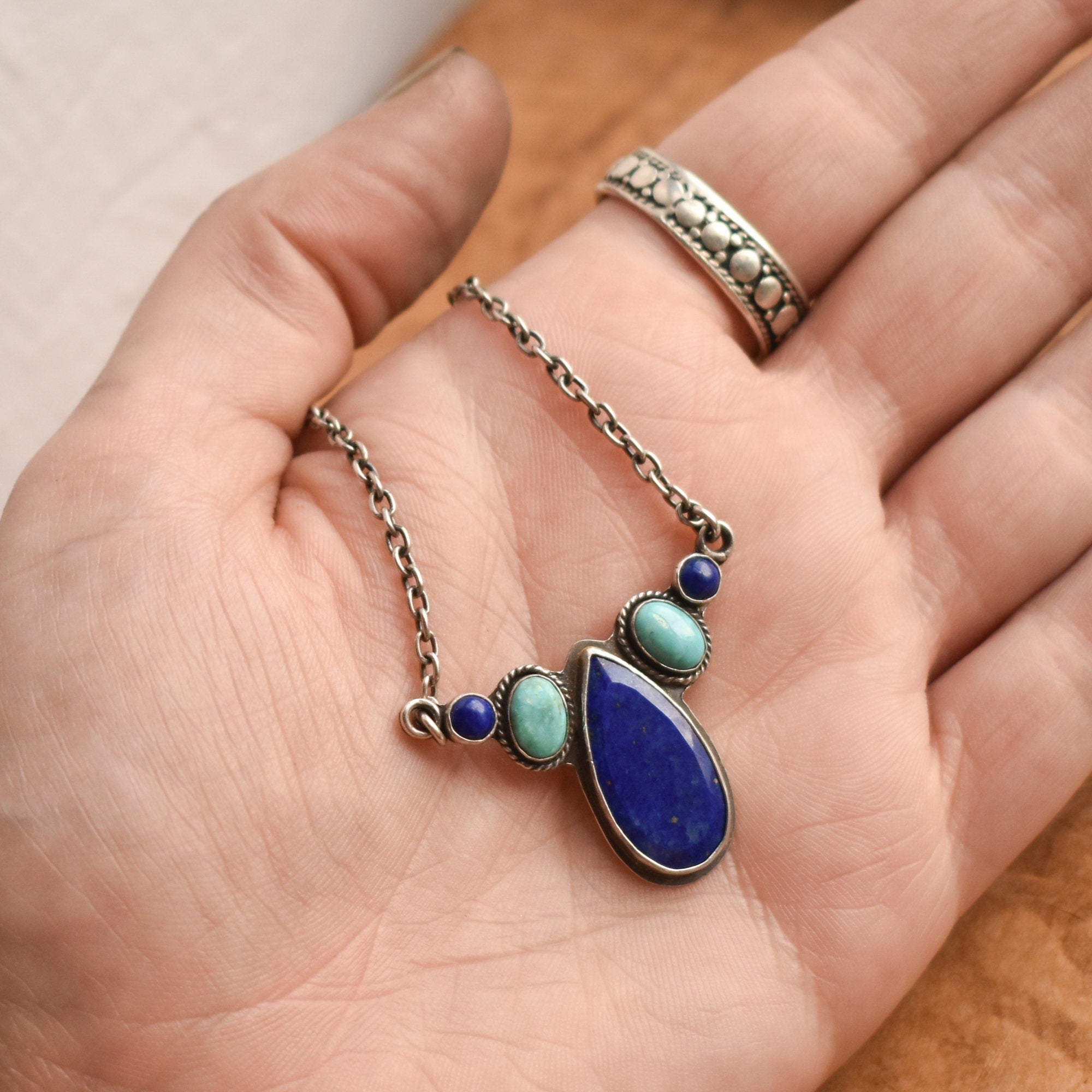 Lapis Lazuli and Turquoise Pendant - Multi-stone Necklace - Sterling Silver