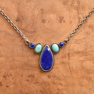 Lapis Lazuli and Turquoise Pendant - Multi-stone Necklace - Sterling Silver