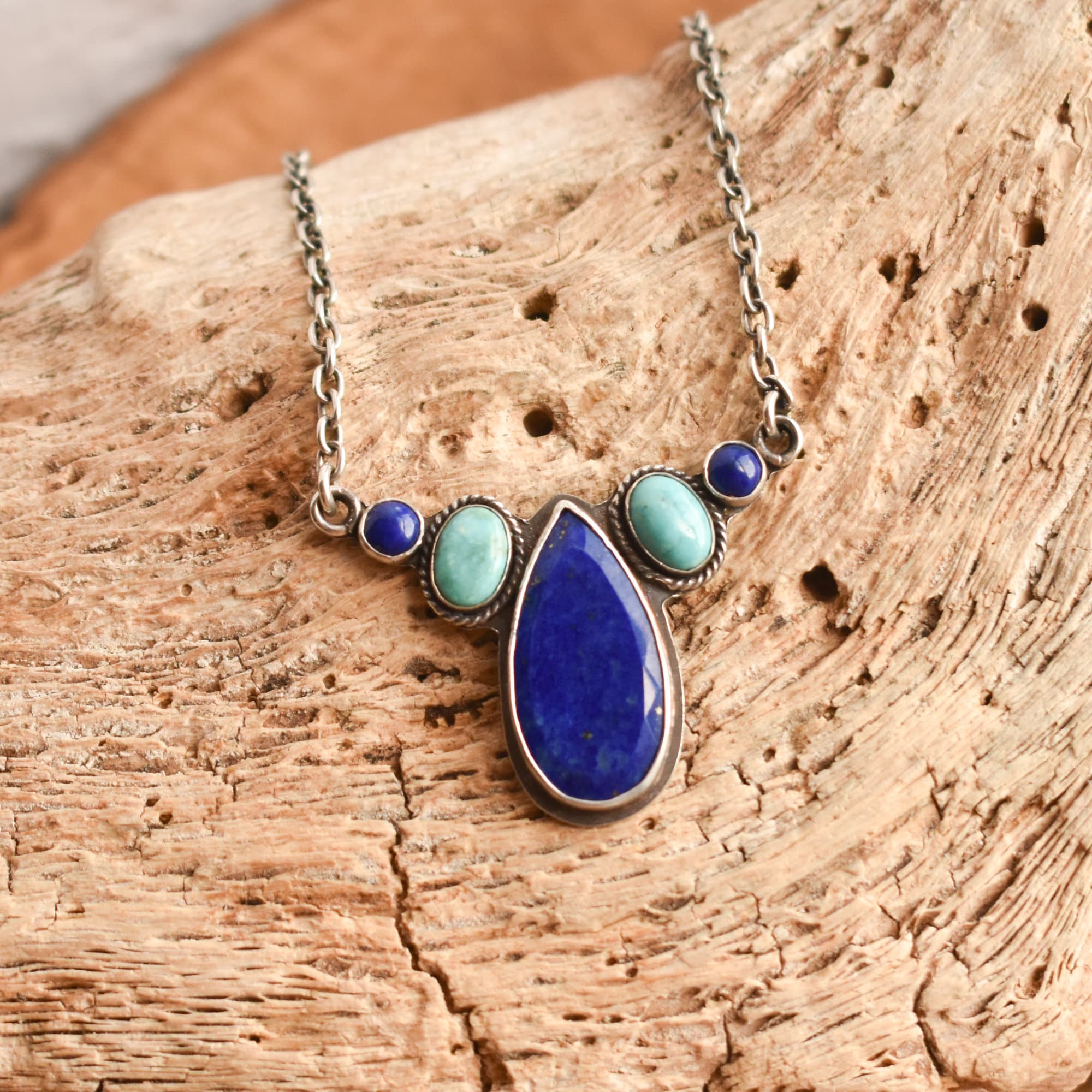 Lapis Lazuli and Turquoise Pendant - Multi-stone Necklace - Sterling Silver