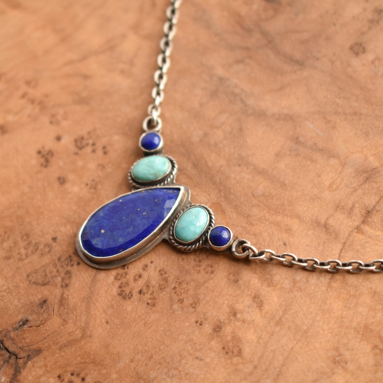Lapis Lazuli and Turquoise Pendant - Multi-stone Necklace - Sterling Silver