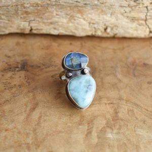 Larimar and Labradorite Ring - Sterling Silver Two Stone Statement Ring - Size 7