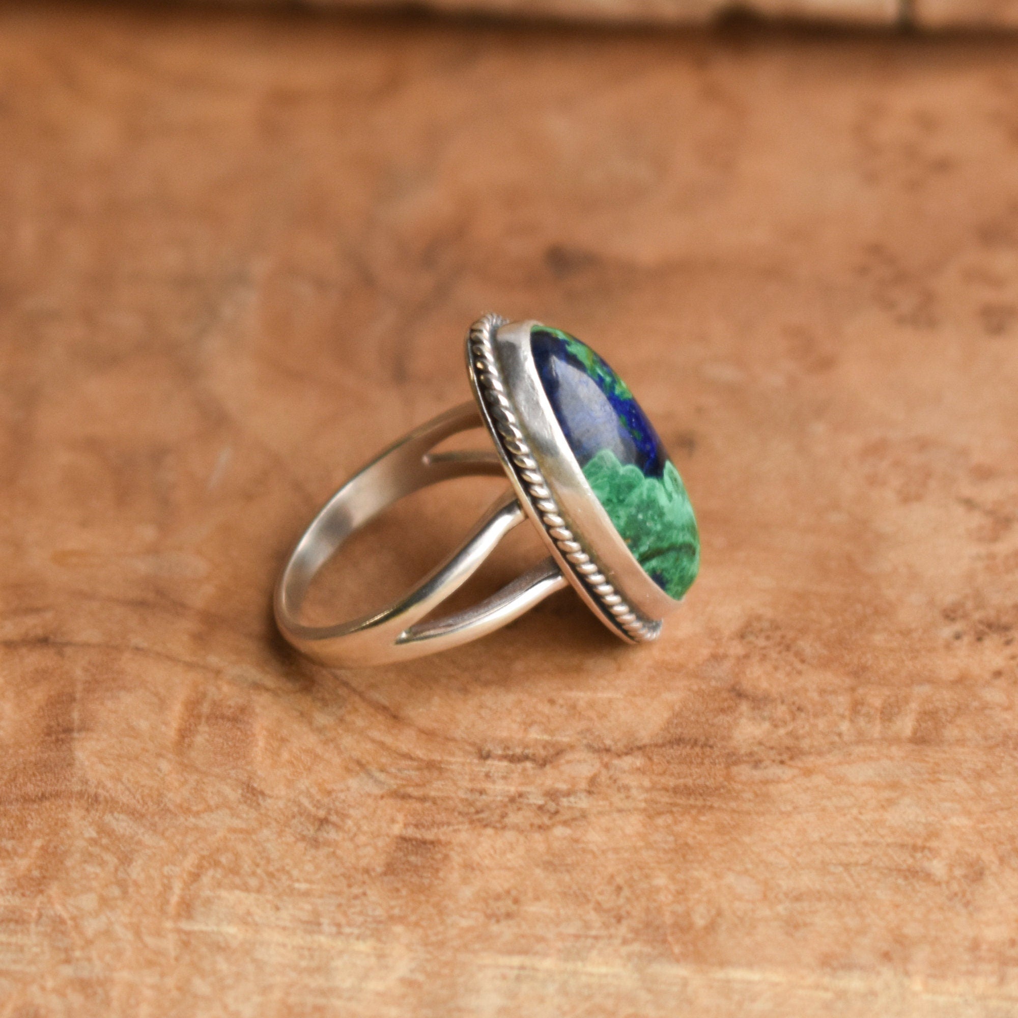 Boho Ring - Azurite Malachite - .925 Sterling Silver - Malachite Ring - Silversmith