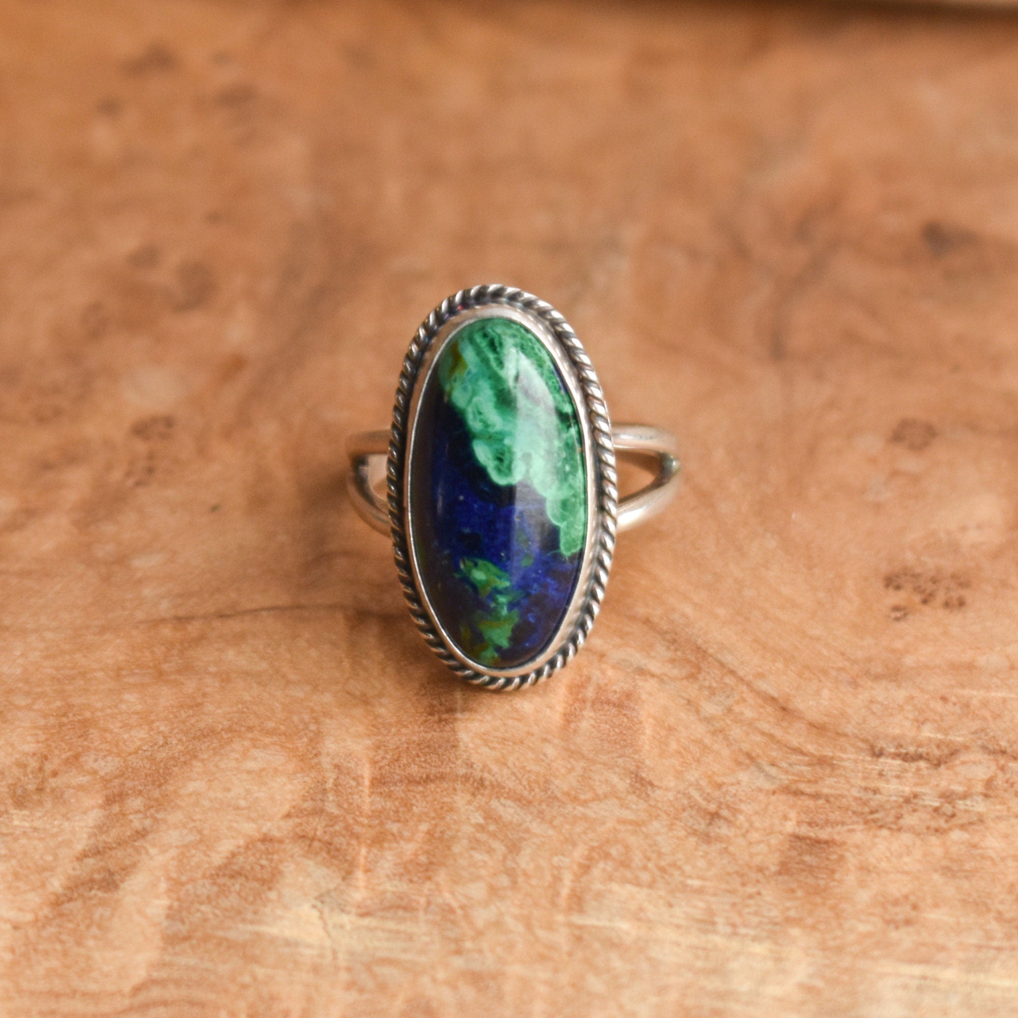 Boho Ring - Azurite Malachite - .925 Sterling Silver - Malachite Ring - Silversmith