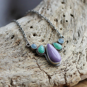 Harmony Necklace - 5 Stone Necklace - Purple Phosphosiderite - Green Chrysoprase Necklace - Aquamarine