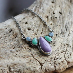 5 Stone Necklace - Purple Phosphosiderite - Green Chrysoprase - Aquamarine