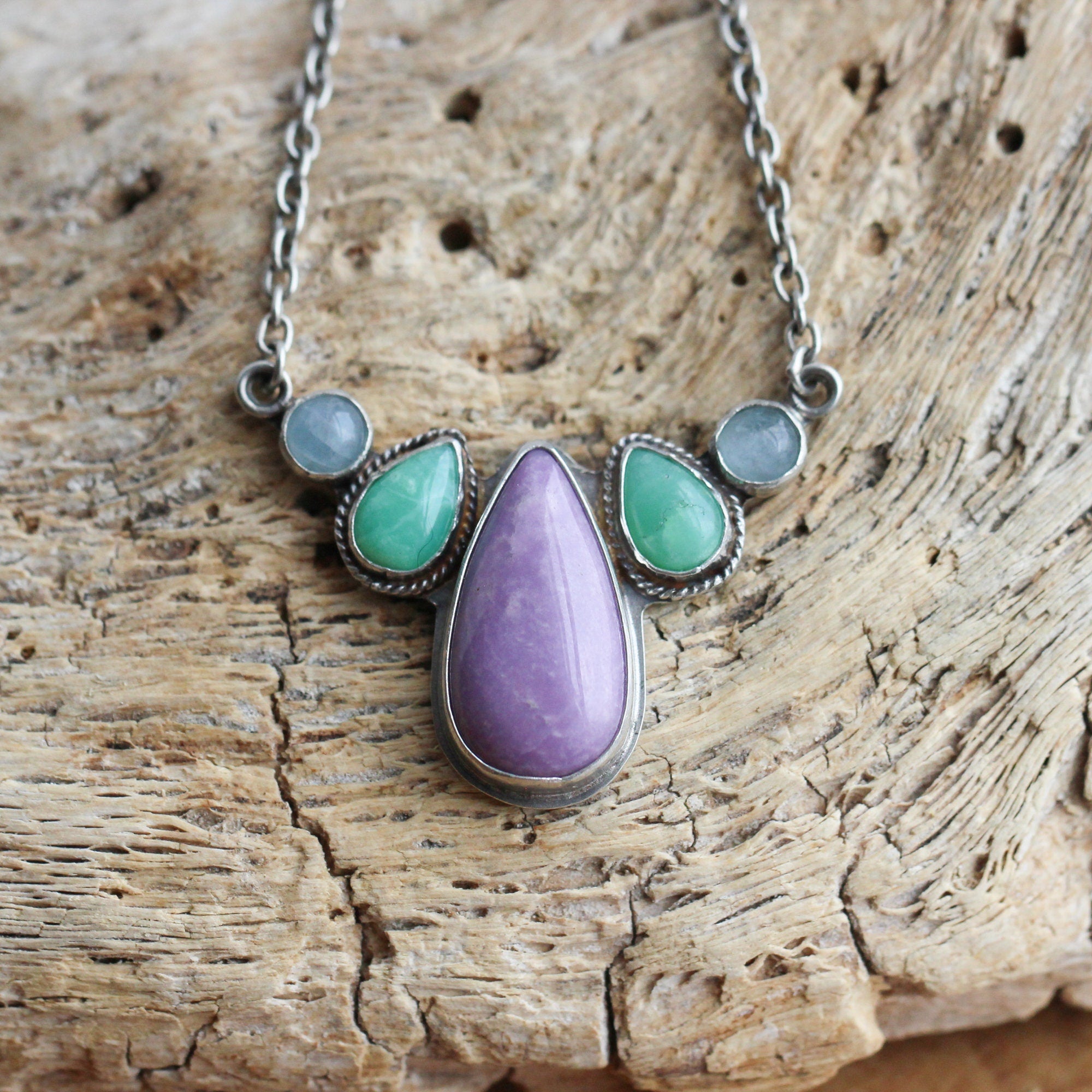 5 Stone Necklace - Purple Phosphosiderite - Green Chrysoprase - Aquamarine