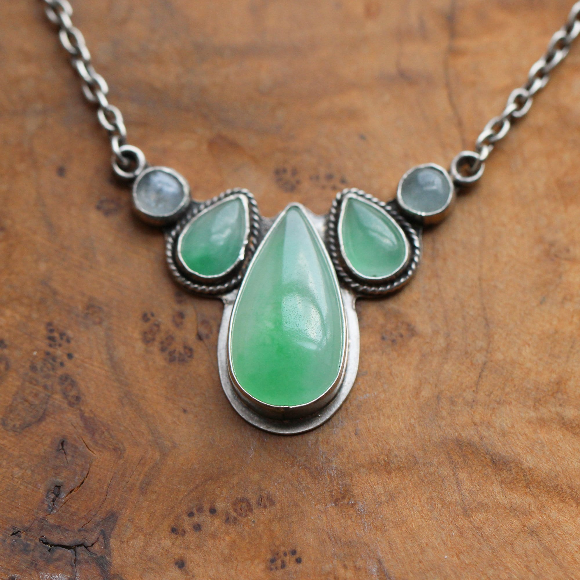 Jade Harmony Necklace - 5 Stone Pendant - Jade Aquamarine Necklace - Green Jade Sterling Silver Jewelry