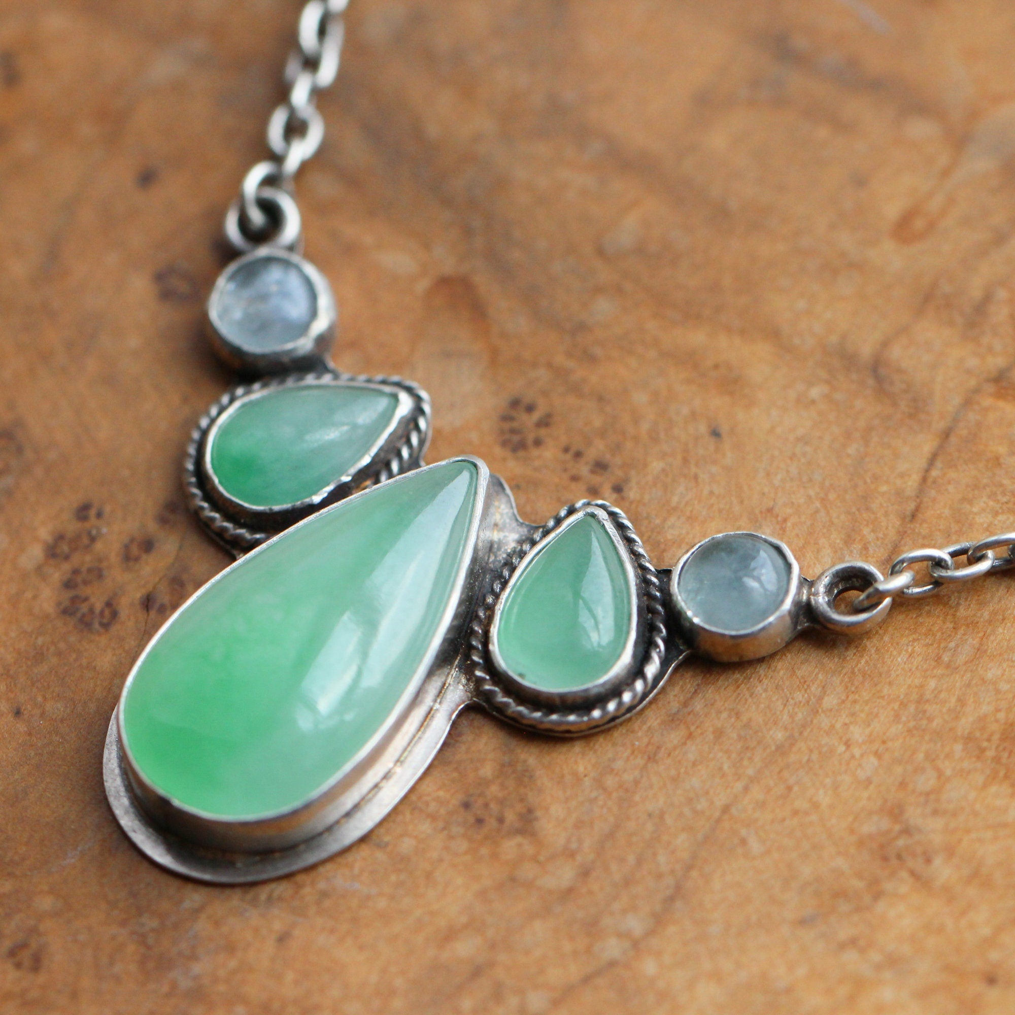Jade Harmony Necklace - 5 Stone Pendant - Jade Aquamarine Necklace - Green Jade Sterling Silver Jewelry