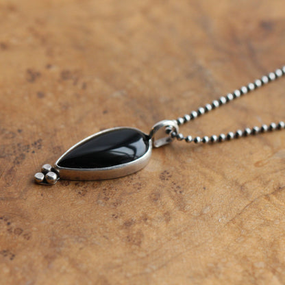 Black Agate Pear Pendant – Sterling Silver Silversmith Necklace